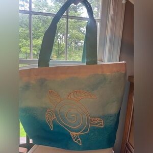 Blue and White Tote Bag with Turtle Design